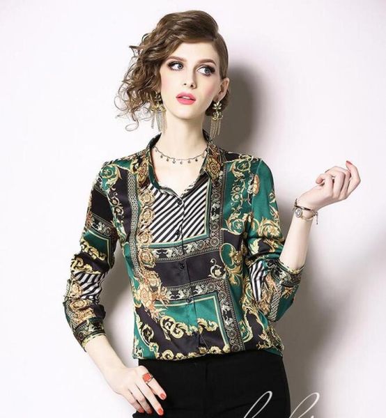 

fashion ol style shirts women shirts green floral scarf print button detail long sleeve blouses lapel neck spring summer ladies bl4440727, White