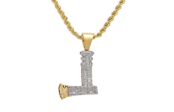 

hip hop axe diamonds pendant necklaces for men crystal real gold plated copper zircons luxury necklace stainless steel cuban chain6689608, Silver