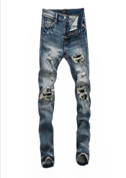 

2021 hiphop high street fashion brand jeans retro torn fold stitching men039s designer motorcycle riding slim pants size 28402082375, Blue