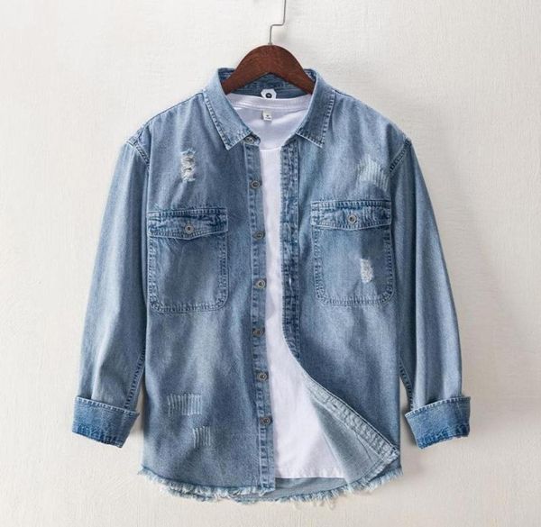 

men039s casual shirts vintage rustic hole denim shirt fashion punk streetwear clothing cowboy jeans slim fit2872959, White;black