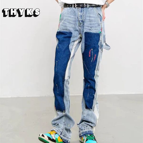 

mens jeans retro hip hop patchwork pants men casual denim vintage rockmore jean baggy straight splash ink flare trousers streetwear 230809, Blue