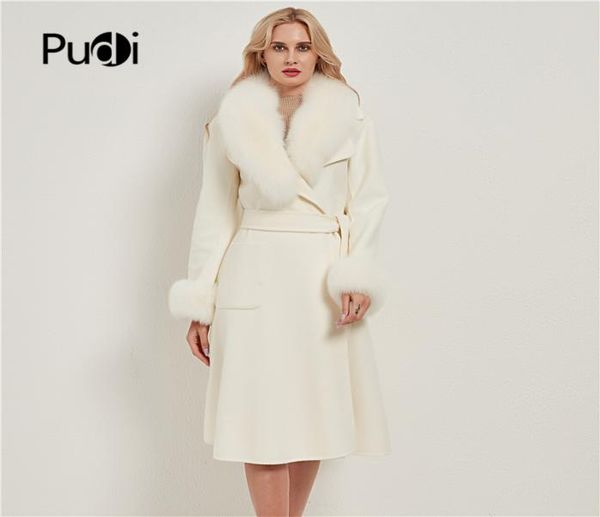 

pudi women real fox fur coat jacket female lady wool blends coats jackets long trench with fox collar cuff ct0323406790, Black