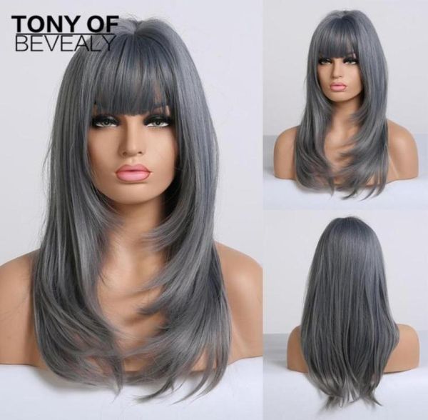 

long wavy ombre blue wigs heat resistant synthetic wigs with bangs for african american women coaplay natural hair42092408179224, Black