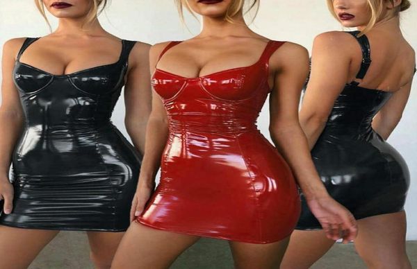 

black bodycon summer dress 2021 spaghetti strap bandage mini dress party casual basic latex faux leather7842466, Black;gray