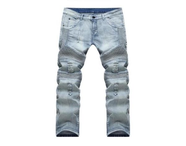

male biker jeans destroyed denim fabric elastic slim fit washed denim skinny pants joggers skinny men ripped trousers4655606, Blue