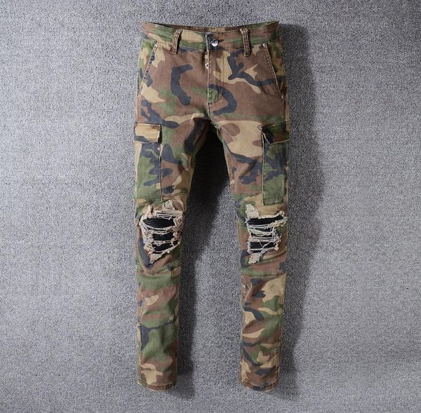 

men slim stretch camouflage jeans army green printed casual pants mens camo pants personality size 28409638199, Blue