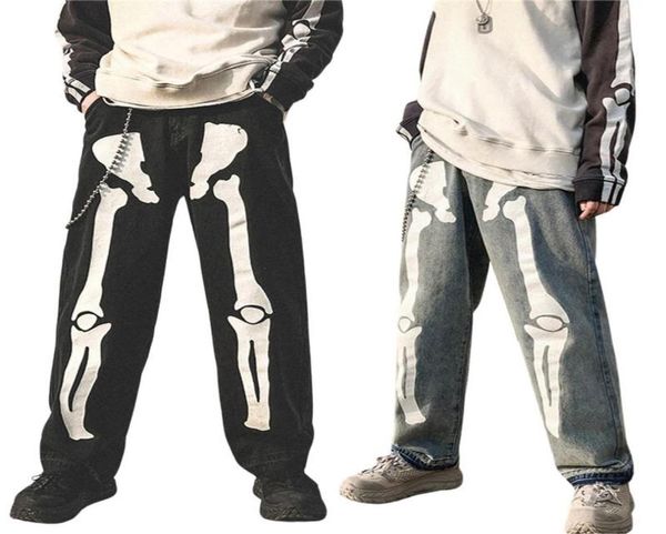 

men high waist y2k skeleton print jeans baggy wide leg denim trousers goth harajuku straight pants jogging sweatpants streetwear1649956, Blue