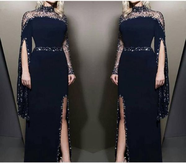 

navy blue sheer high neck sheath split evening dresses 2019 long sleeves beaded formal party red carpet evening gowns8108779, Black;red