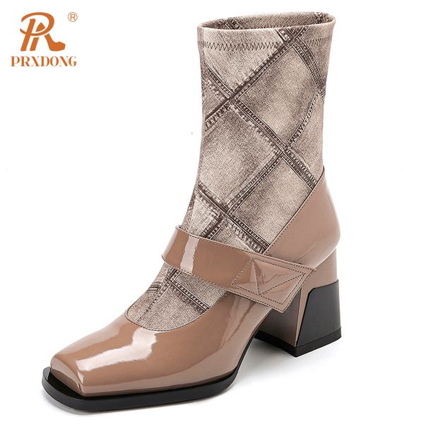 

boots prxdong 2023 brand autumn winter warm ankle chunky high heels square toe black apricot dress party lady shoes size 39 230810