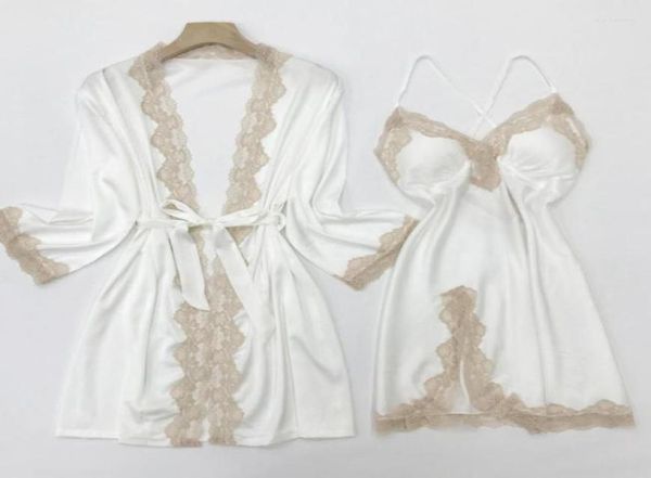 

women039s sleepwear white bride bridesmaid wedding robe set full slip lace nightgown summer silk satin kimono bath gown ho6192838, Black;red