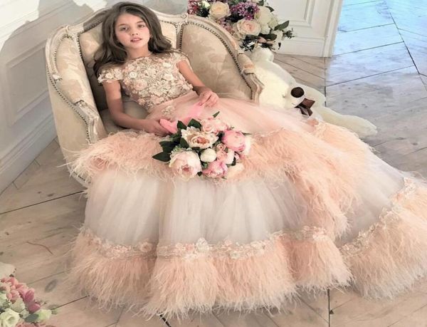 

luxury flower girl dresses with 3d floral appliques feather jewel neck short sleeve girls pageant dress a line beaded kids formal 1621969, White;blue