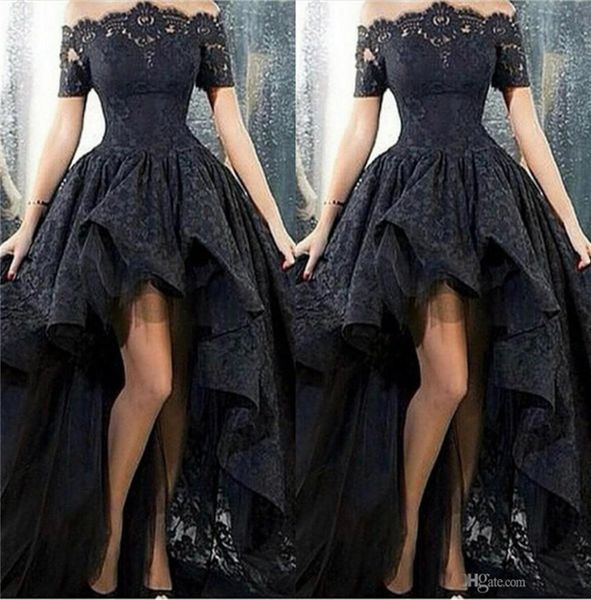 

black lace high low prom dresses off shoulder arabic design ruched formal evening gown short front long back party dress5310494