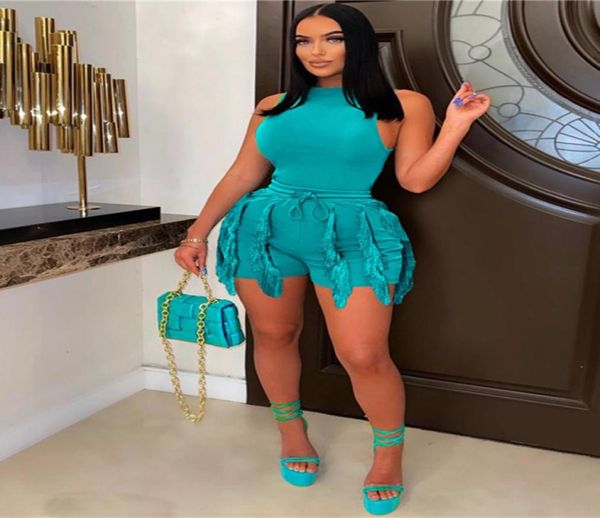 

women039s two piece pants hirigin summer clothes streetwear peice sets outfits sleeveless crop tassel shorts solid color ma3317606, White