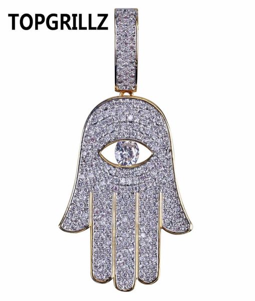 

rillz hip hop fatima hand eye pendant necklace gold color plated micro pave cubic zirconia choker for men women three chains2286232, Silver