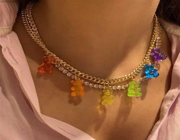 

punk colorful gummy bear pendant metal crystal choker necklace for women multilayer cute bear tennis clavicle chain new jewelry h6855159, Silver