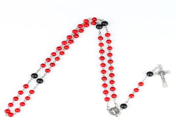 

catholic jewelry long glass beads rosary necklace red01234299986, Silver