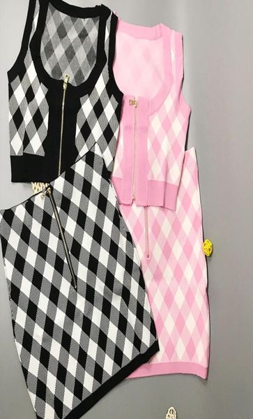 

325 2021 spring summer brand same style two pieces sets short skirt crew neck sleeveless empire pink black plaid fashion womens cl2944845, White