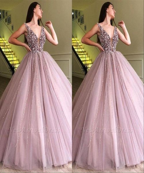 

plunging v neck beaded crystals prom dresses 2019 dusky pink tulle sleeveless evening dresses formal party wear gowns plus size8468671, Black