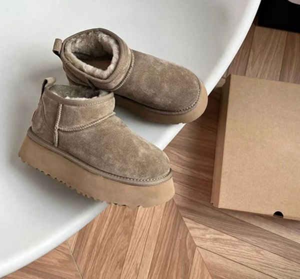

women winter mini platform boot designer classic ankle australia snow boots thick bottom real leather warm fluffy booties with fur wggs5, Black