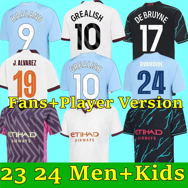 

haaland soccer jersey 22 23 24 de bruyne mans cities grealish mahrez foden 2023 2024 football shirt uniforms men kids kit sets alvarez fans, Black;yellow