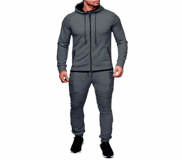 

laamei 2019 new mens spring autumn hoodies tracksuit set male zipper pleated sweatshirt sweatpants high street jacket sets m3xl3111232, Gray