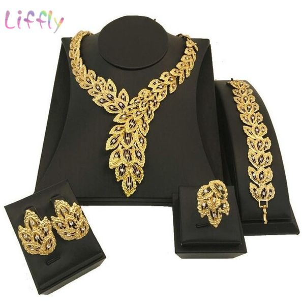 

liffly dubai bridal jewelry sets for women peacock gold necklace earrings fashion charm african wedding nigeria sets jewelry 201128275723, Black
