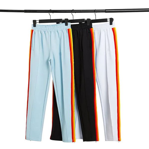 

mens pants spring and autumn womens angel alphabet printed european american rainbow striped webbing high street sports pant 230809, Black