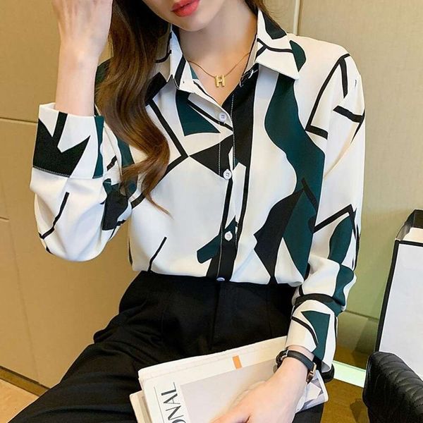 

womens long sleeve chiffon shirt spring fashioned korean slim cultivating print large dimension all match, White