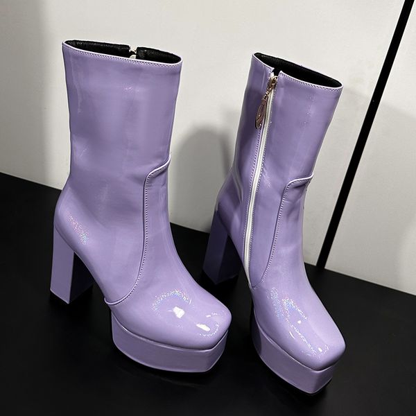 

boots shiny patent leather material square toe highthick heel plush inner lining short platform sewing zipper women's ankle boot 230810, Black
