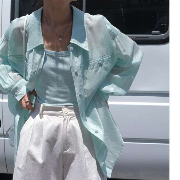 

mint green sunblock shirt for women summer thin long sleeved slightly transparent blouse lazy chiffon, White