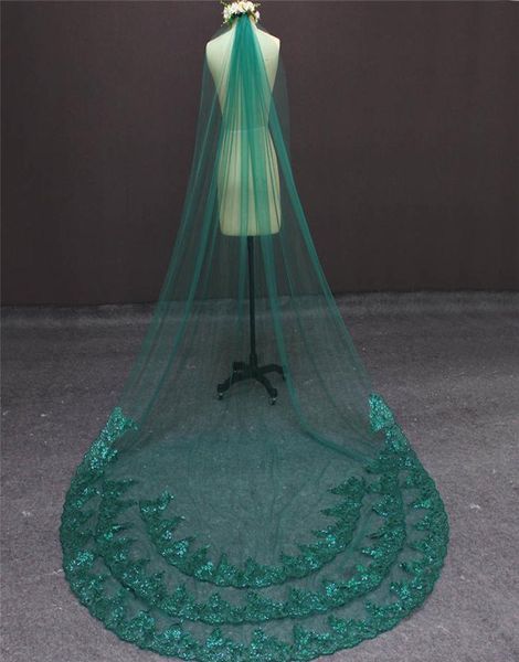 

stunning green wedding veil bling sequins lace single tier partial laced bridal veil with comb3115834, Black
