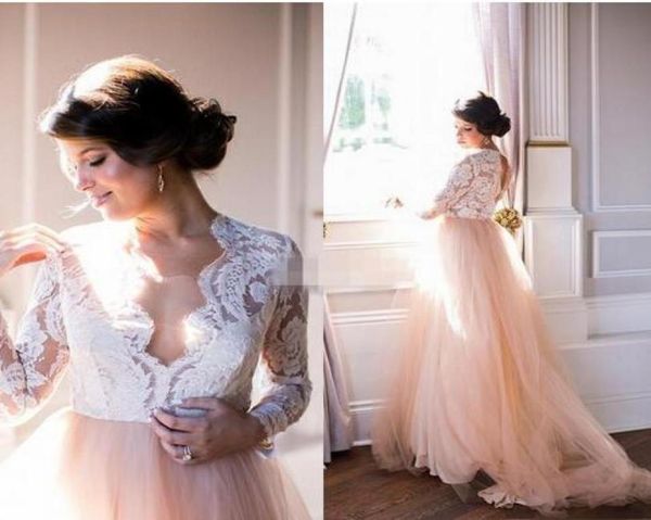 

champagne and white wedding dresses aline 2019 lace illusion long sleeve square open back empire waist wedding dress bridal gowns8983278