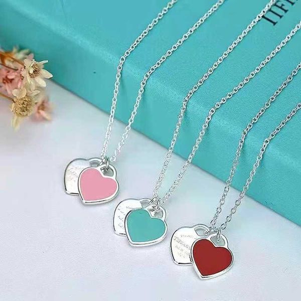 

Luxury Tiff fashion brand jewelry classic enamel peach heart necklace CNC word print double Heart Pendant high version S925 silver clavicle chain female