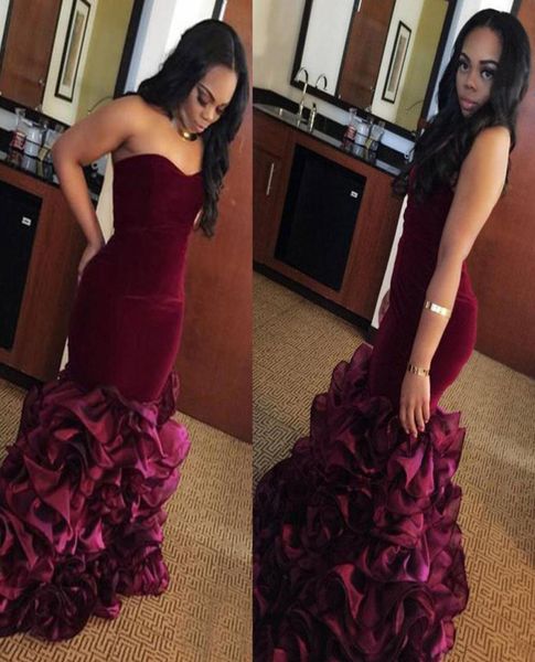 

sweetheart long formal evening gowns custom ruffled skirt organza and velvet burgundy mermaid prom dresses vestido de formatu3795292, Black