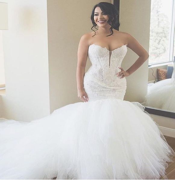 

luxury ivory lace mermaid wedding dresses sweetheart appliques puffy tulle ball gown wedding dress plus size bridal gowns custom d8434881, White