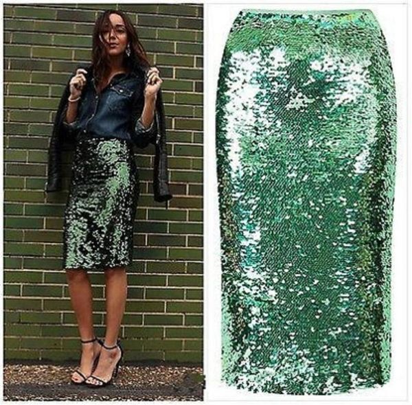 

women green sequin zipper midi skirt package hip slim pencil skirt femininas elegant ladies party wear saias202t5613799, Black
