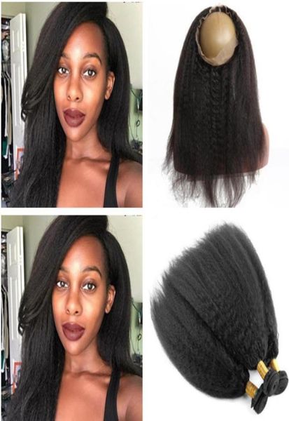 

coarse yaki mongolian human hair weave bundles 3pcs with 360 full lace closure 225x4x2 kinky straight hair wefts with 360 lace fr97027316, Black;brown