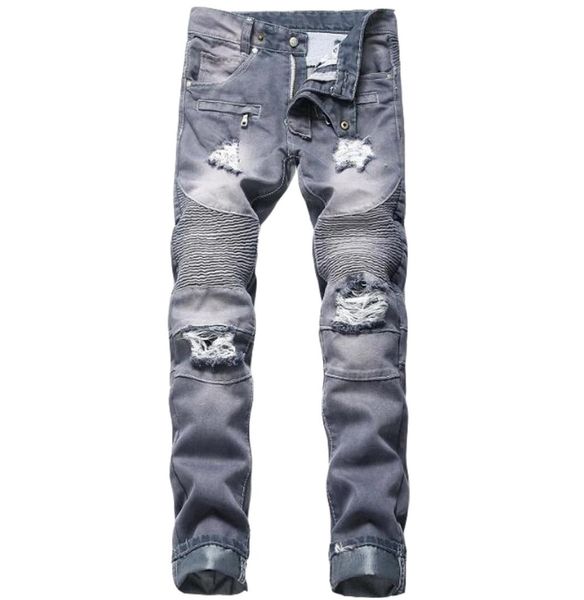

jewuto 2020 men jeans brand hole straight moto biker jeans men denim pants for black blue3650374, Blue