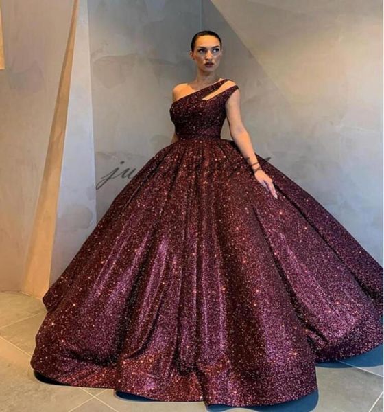 

burgundy sleeveless evening dresses ball gown sequined one shoulder formal women holiday wear celebrity party gowns plus size cust7036216, Black;red