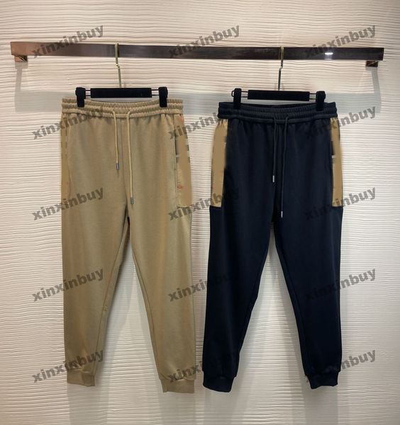 

xinxinbuy men women designer pant plaid label pocket panelled spring summer casual pants letter black khaki xs-2xl, Black;brown