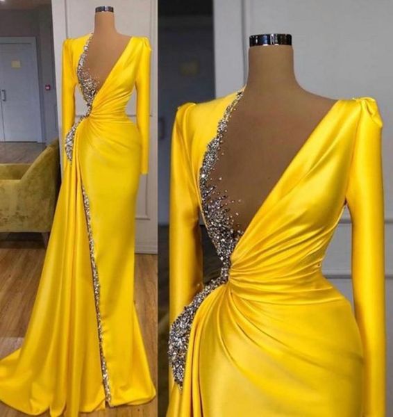 

gorgeous bright yellow evening dresses with long sleeves see through beaded crystal prom dresses 2020 formal party gown5356270, Black;red