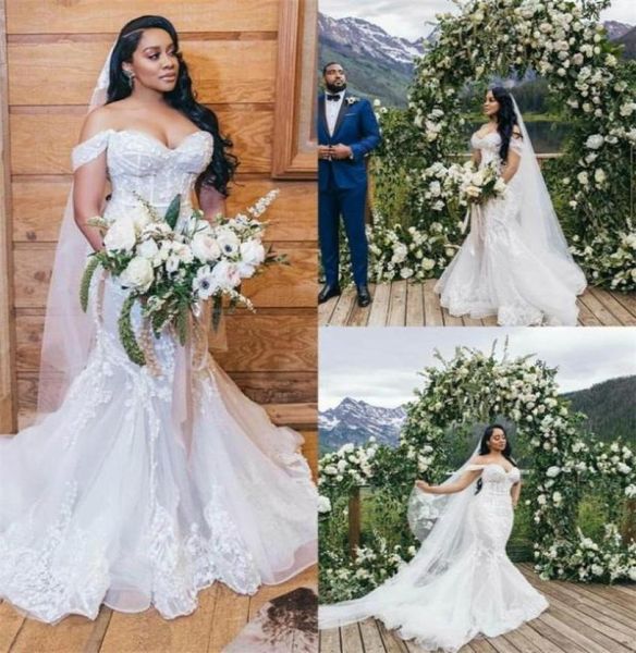 

2021 plus size mermaid wedding dresses offshoulder full appliqued lace wedding gown backles sweep train custom made vestidos de n97408389, White