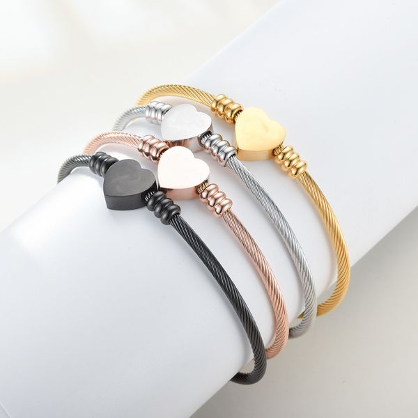 

stainless steel wire braided love heart bracelet cable chain cuff bangle 4 color 3mm wide 2.5inch innder (63mm) fashion gifts for women girl, White
