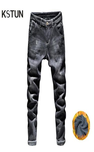 

mens winter thicken fleece jeans stretch slim fit dark blue denim warm jeans for men soft designer brand long pants jean1804395