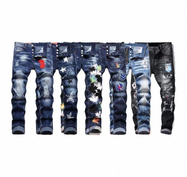 

men badge rips stretch black jeans men fashion slim fit washed motocycle denim pants panelled hip hop trousers n4gu5854213, Blue