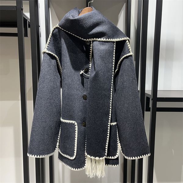

women's jackets 21fw toteme single-breasted tassel scarf wool coat, Black;brown