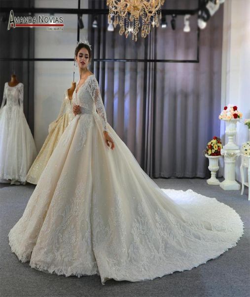 

2020 light champagne v neck crystal lace ball gown wedding dresses muslim long sleeves open back plus size bridal gown real pictur6735043, White