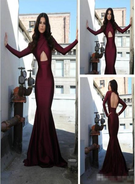 

michael costello long sleeve evening dresses burgundy high neck plus size prom dresses mermaid style vestidos de noche4691279, Black;red