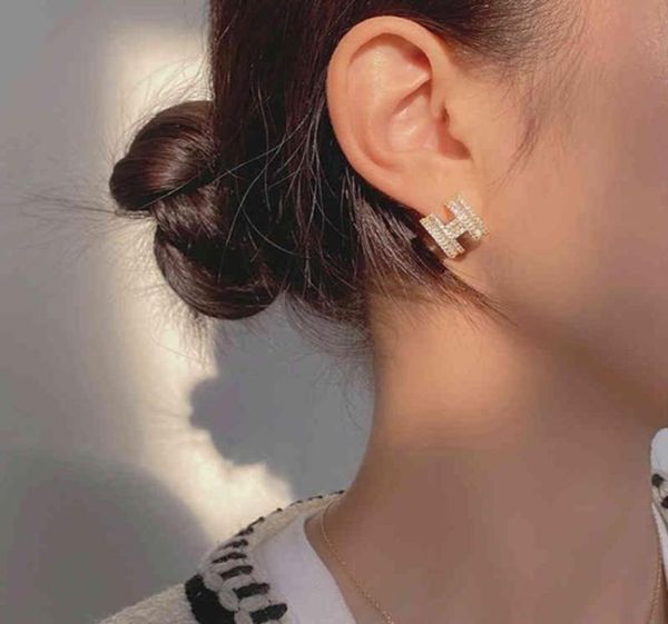 

girl s925 silver needle zircon diamond earring letter h stud earrings44940164330878, Golden;silver