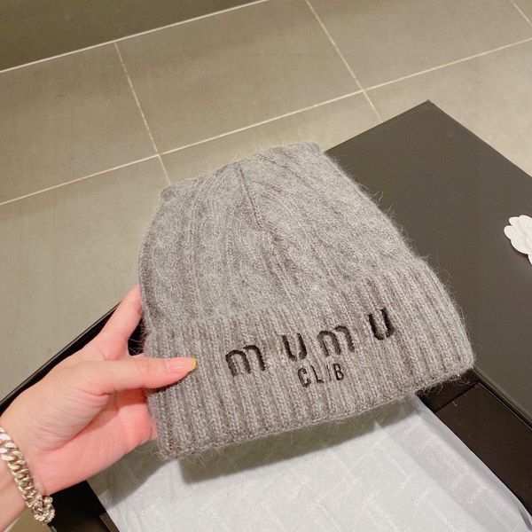 

Women's Autumn and Winter Warm Candy Color Designer Beanie Hat Couple Vacation Travel Sports Letter Embroidery Wool 50% Rabbit, Grey